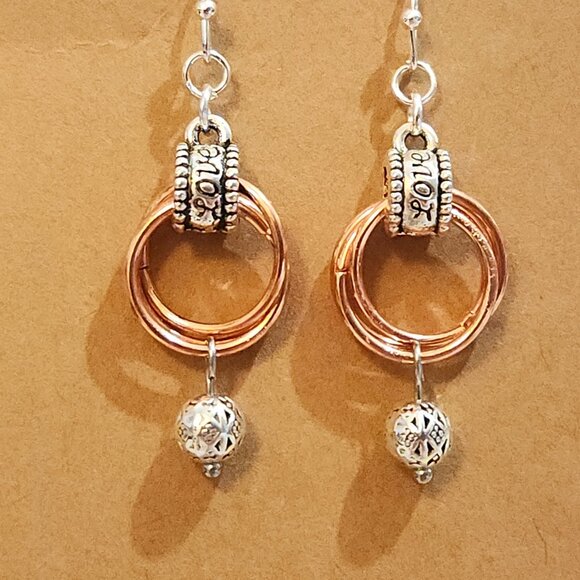 Artisan Crafted Bright Silver and Copper & Silver Spiral Chain Maile Earrings - Picture 2 of 10